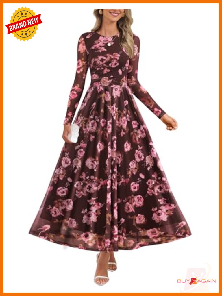 Women's Maxi Dress Long Sleeve Floral Print Mesh Ruched Party Wedding Guest